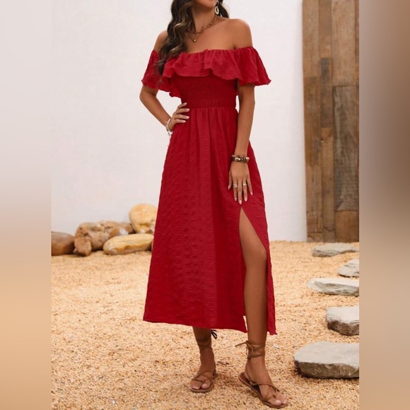 Red Off Shoulder Dress Midi with Side Leg Slit - Picture 3 of 7